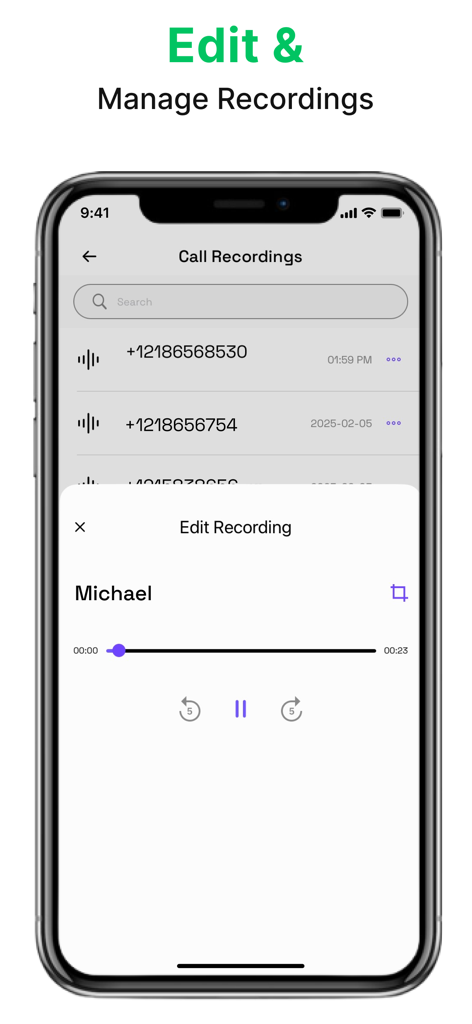 Interface de l'application Text Now montrant l'écran de gestion et de modification de l'enregistrement des appels