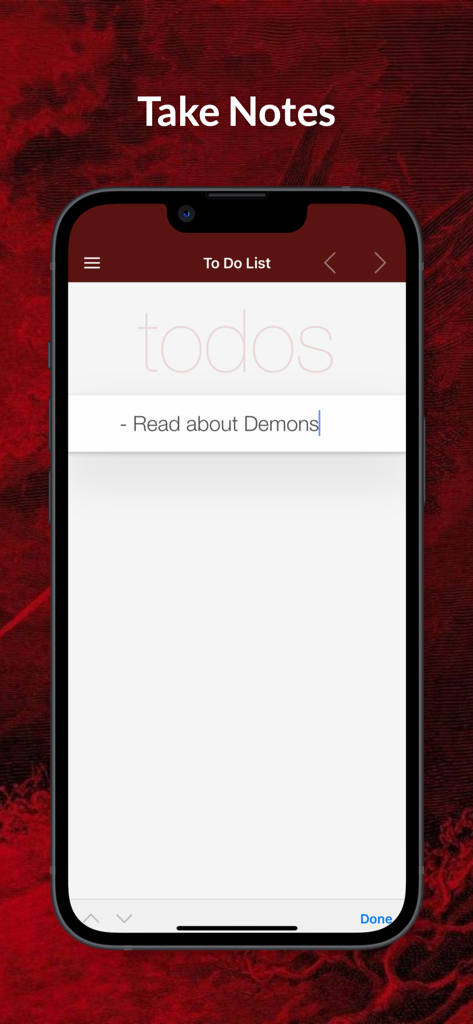 A screenshot of the Demons Dictionary app showing a To Do List feature with a note to Read about Demons under the heading Take Notes.