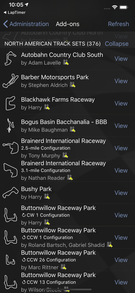 Lista de pistas de carreras norteamericanas disponibles en la aplicación Harrys LapTimer Grand Prix.