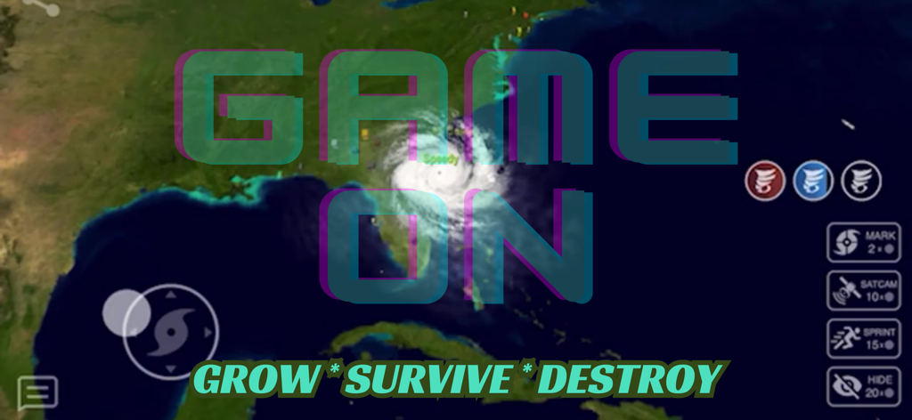 Gameplay of Hurricane.io showing a storm over a map with game on text