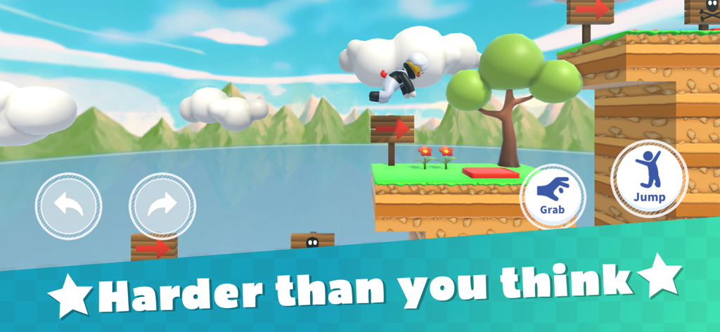 Super Jump Man - Super Jump Man character jumping between floating platforms in a 3D physics platformer level