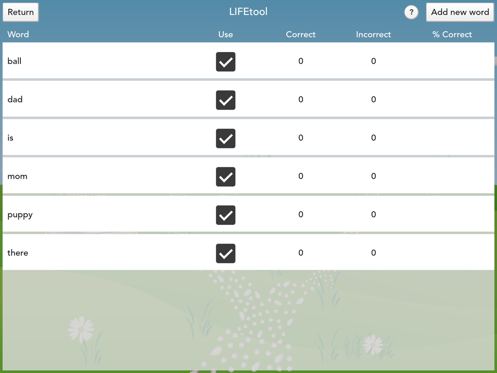 FlashWords AAC - FlashWords AAC interface showing a list of words with progress tracking for correct and incorrect responses