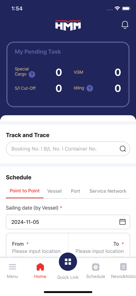 HMM e-Service - Pantalla de inicio de la aplicación HMM e-Service que muestra un panel para tareas pendientes, una barra de búsqueda de seguimiento de carga y opciones de horario de envío.
