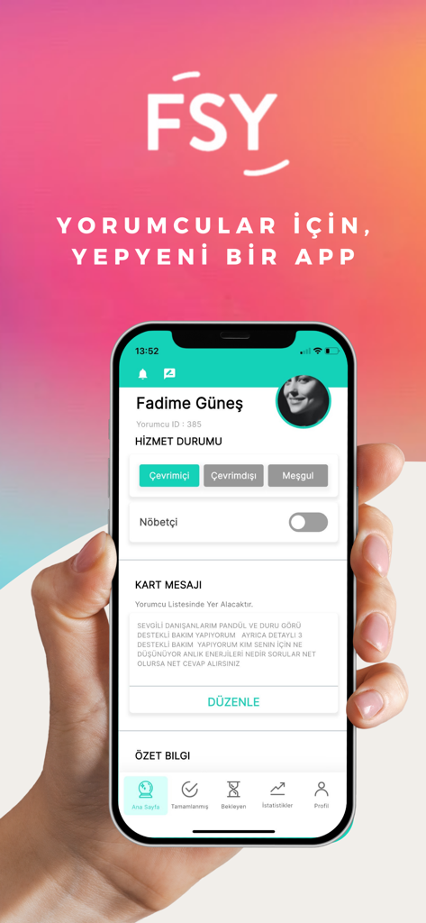 Tableau de bord de l'application mobile FS Yorumcu pour les interprètes spirituels montrant le statut du profil et les services