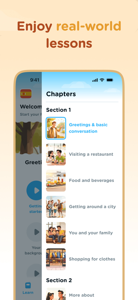 Airlearn - Language Learning - Airlearn app screen showing a list of real-world language learning chapters including greetings and shopping