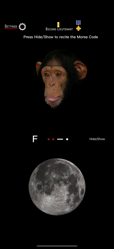 Telegraph - Morse Code ! - Morsecode-Übungsbildschirm für den Buchstaben F mit einem Schimpansen und einem Mond.