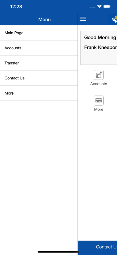 CUonline - Navigation menu of the CUonline mobile banking app showing account and transfer options