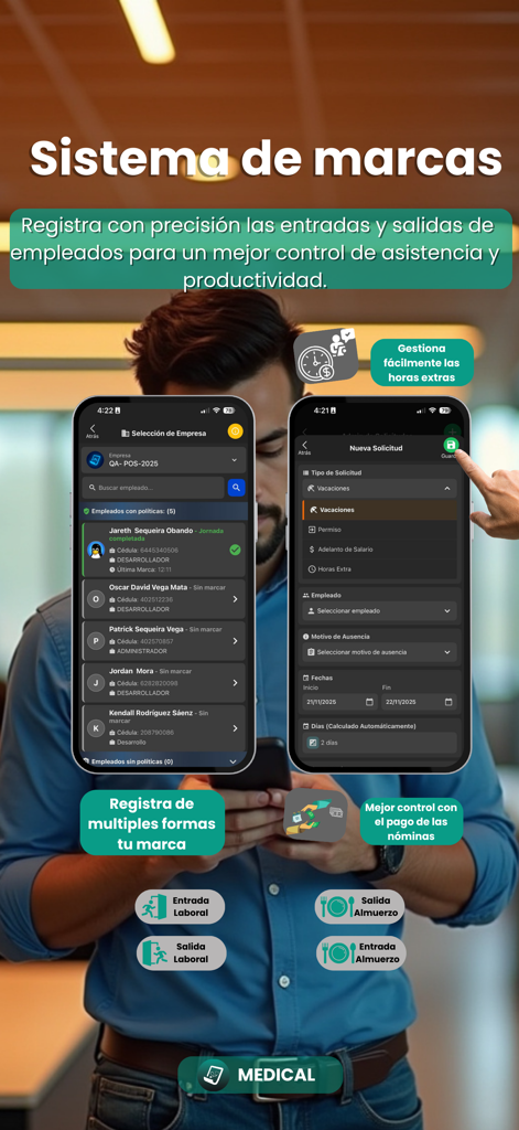 Medicals - Interfaz de la aplicación Medicals para el seguimiento del tiempo y la asistencia de empleados que muestra registros de entrada, salida y descansos