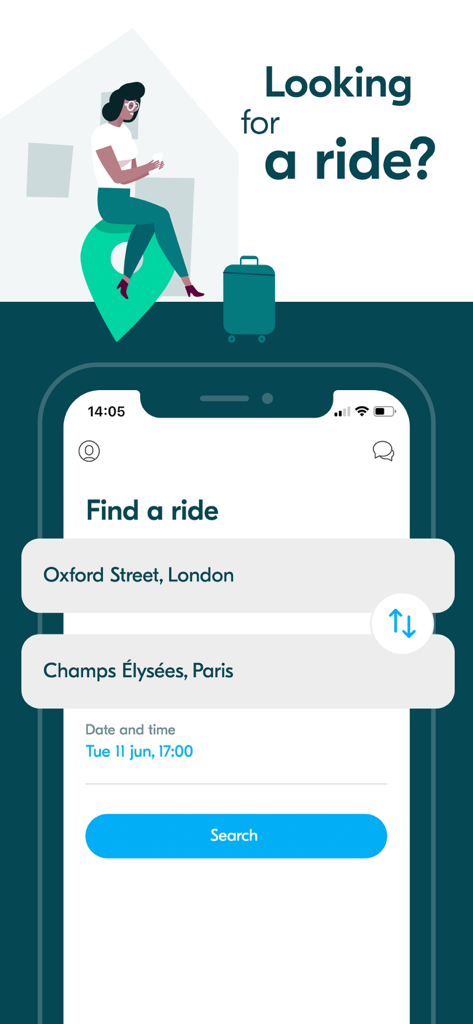 BlaBlaCar app interface for searching a carpool ride with departure and destination fields