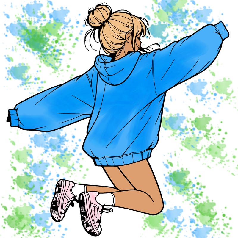 realistic girl jumping with a bun and oversized sweatshirt