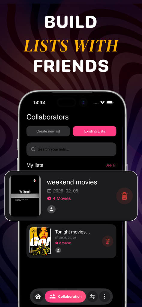 Interface de l'application Streamex montrant la fonction collaborative pour créer des listes de surveillance de films avec des amis