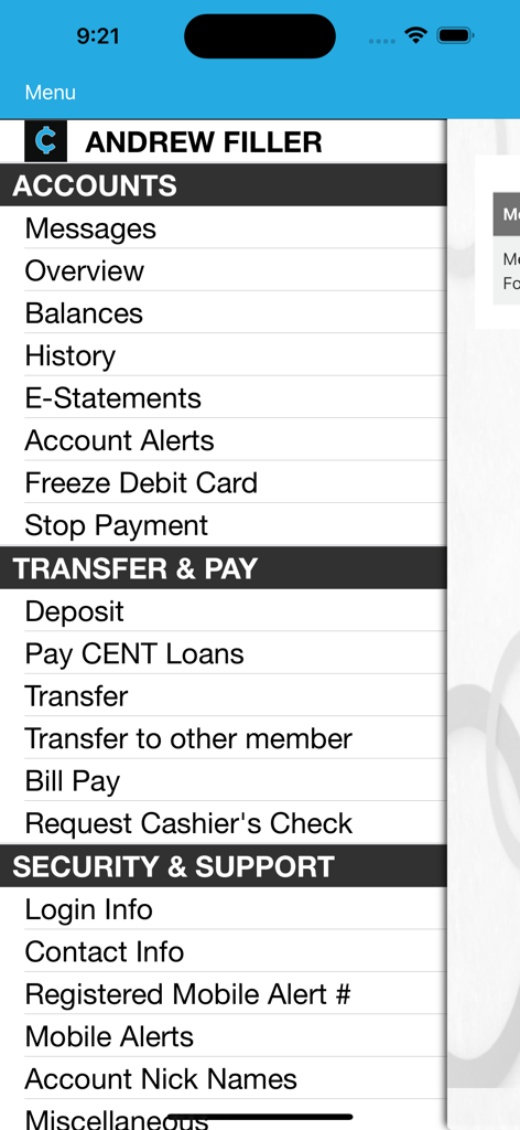 CENT Credit Unionモバイルアプリのナビゲーションメニュー。口座と送金のオプションが表示されています。