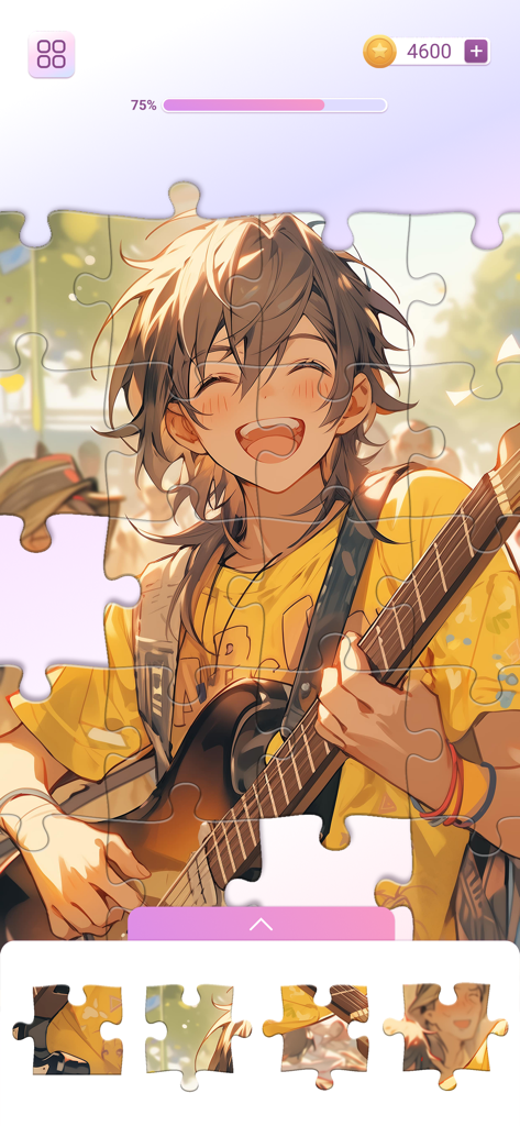 Anime Games: Jigsaw Puzzle - A jigsaw puzzle game interface showing a smiling anime boy playing a guitar