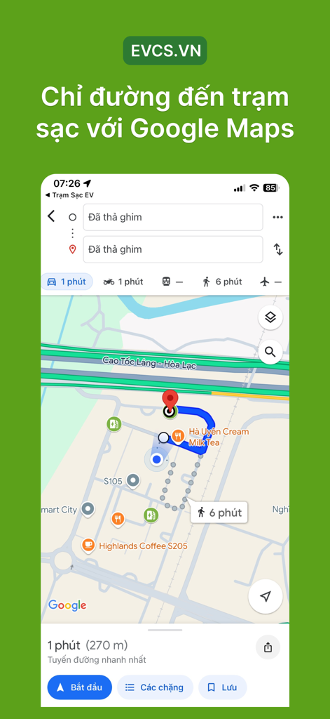 Trạm Sạc EV app interface showing navigation directions to a charging station integrated with Google Maps.