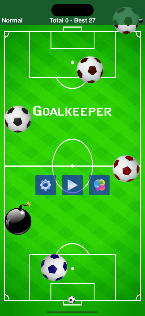 Menu principale del gioco mobile Calcio Portiere che mostra palloni da calcio che cadono e icone di gioco