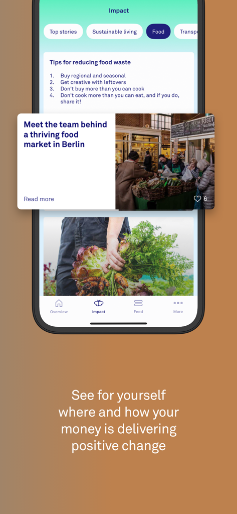 Triodos Bank UK - Triodos Bank mobile app impact screen displaying sustainable living tips and community stories