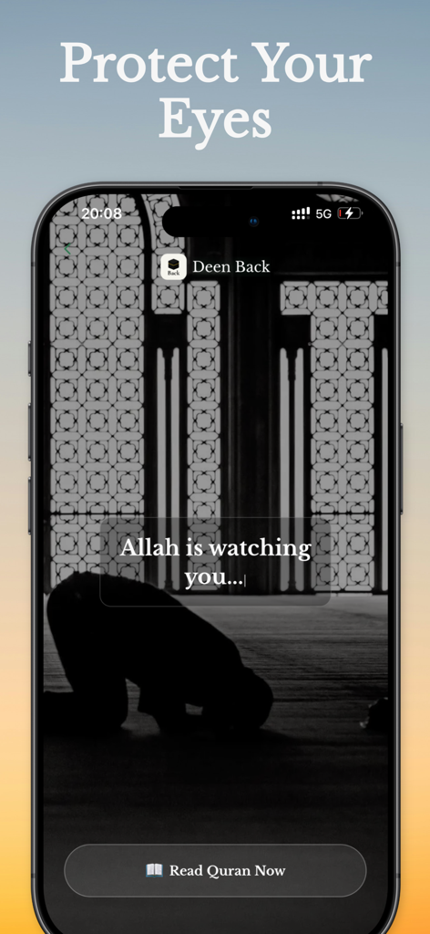 Captura de pantalla de la aplicación Deenback que muestra el recordatorio espiritual 'Allah te está observando' con un botón para leer el Corán.