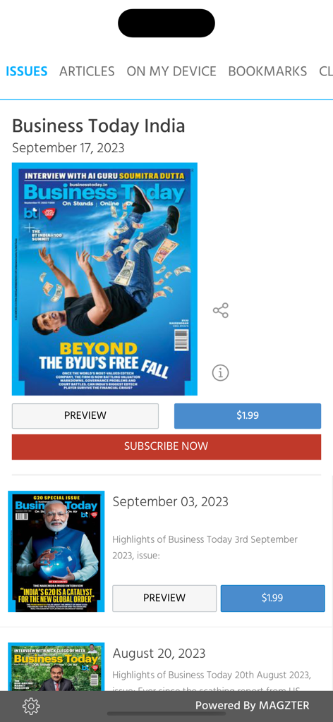 Business Today Magazine - The Business Today India mobile app interface showing a list of digital magazine issues and subscription options