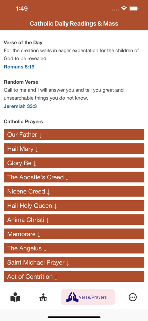 Catholic Daily Readings & Mass - Catholic app interface displaying daily Bible verses and a list of common prayers like the Our Father and Hail Mary