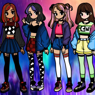 one girl with crop-top shirt and a jacket with a skirt, long socks and another girl with a shirt and pants with a jacket