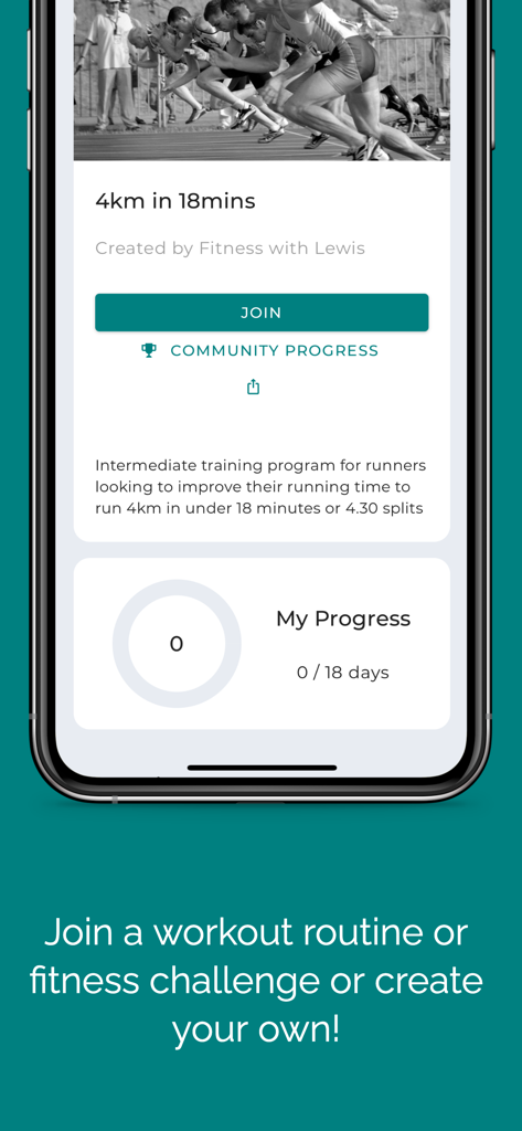 Move: Workout and fitness - Ein Smartphone-Display der Move-Fitness-App mit einer Lauf-Challenge mit dem Titel '4km in 18mins' mit einer 'Beitreten'-Schaltfläche und einem Fortschrittstracker.