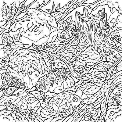 Delight in the intricate beauty of nature with this calming mossy forest coloring page. Its clear, thick outlines and detailed textures make it an ideal and accessible creative activity for seniors.