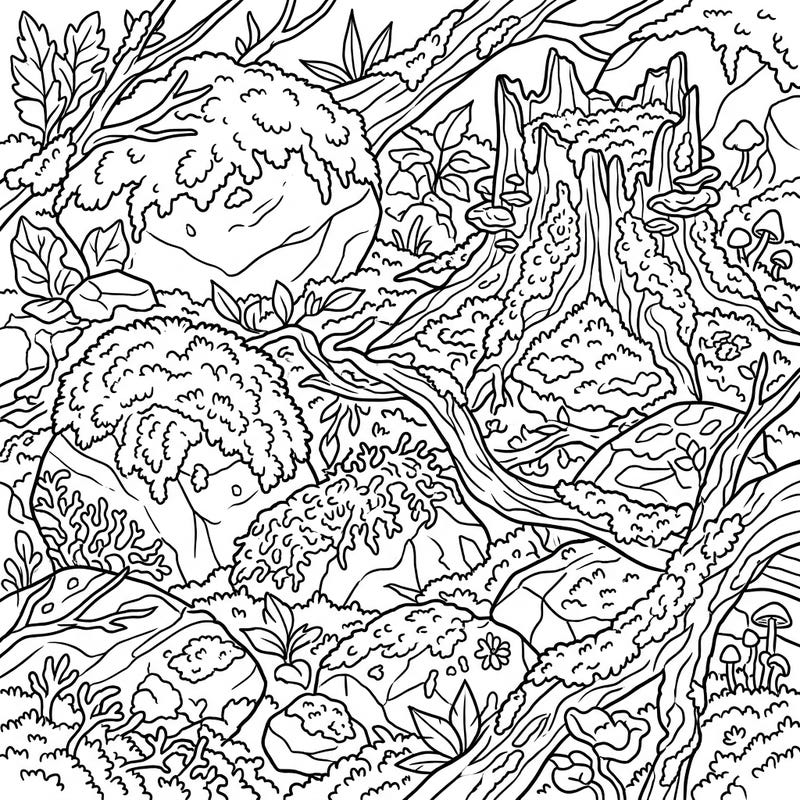 Delight in the intricate beauty of nature with this calming mossy forest coloring page. Its clear, thick outlines and detailed textures make it an ideal and accessible creative activity for seniors.