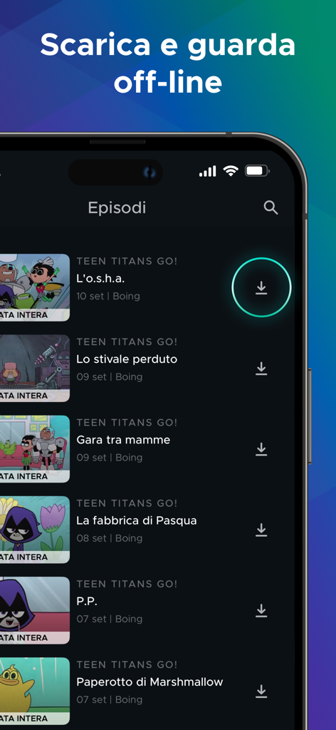 Mediaset Infinity app interface showing a list of cartoon episodes with a highlighted download icon for offline viewing