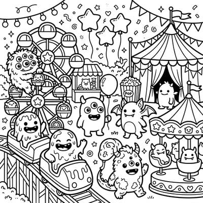 Get ready for a super cute carnival experience with these Kawaii monsters! This delightful coloring page combines quirky creatures with festive fairground attractions for endless fun.