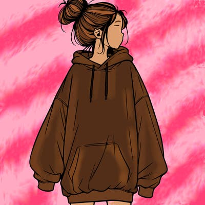 realistic girl with a oversized sweatshirt on and a bun