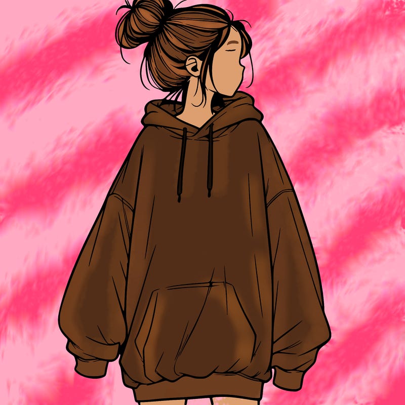 realistic girl with a oversized sweatshirt on and a bun