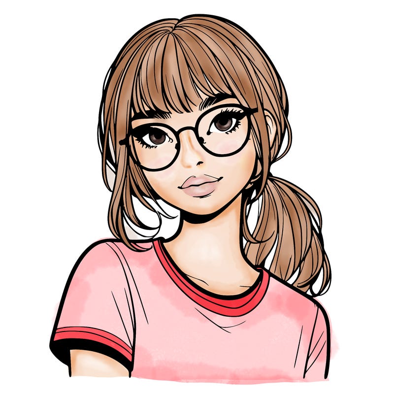 realistic girl with freckles and clear glasses