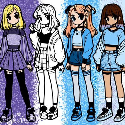 one girl with crop-top shirt and a jacket with a skirt, long socks and another girl with a shirt and pants with a jacket