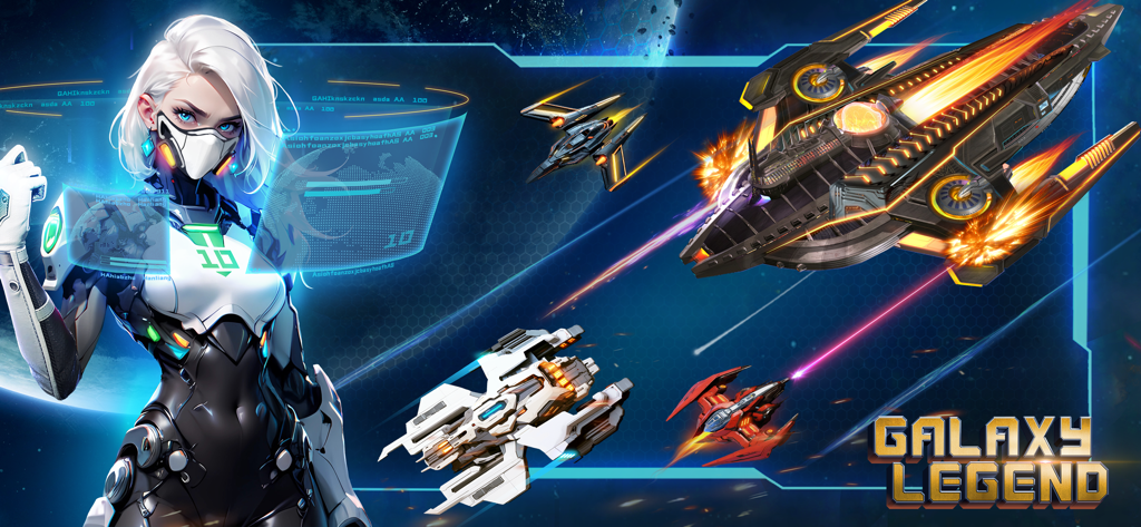 Galaxy Legend - A female commander in futuristic armor beside various spaceships engaged in a galactic battle within the Galaxy Legend game.