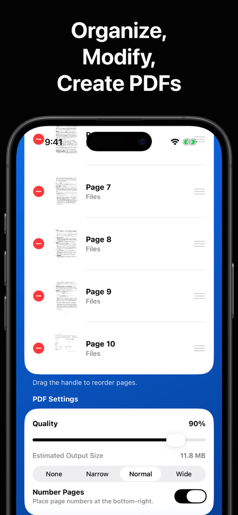 ページ並べ替えと、品質や余白などのPDFエクスポート設定を表示するモバイルアプリインターフェース