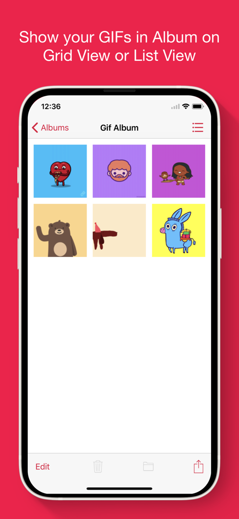 Gif Viewer & Player - Gif Viewer app displaying a grid of animated character GIFs in a digital album