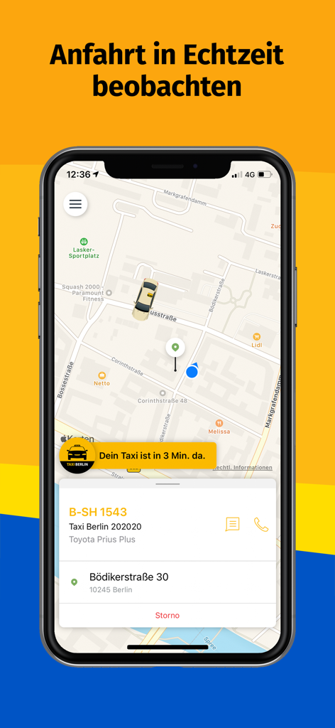 Screenshot of the taxi.eu app displaying a map with real-time taxi tracking and a 3-minute arrival notification in Berlin.