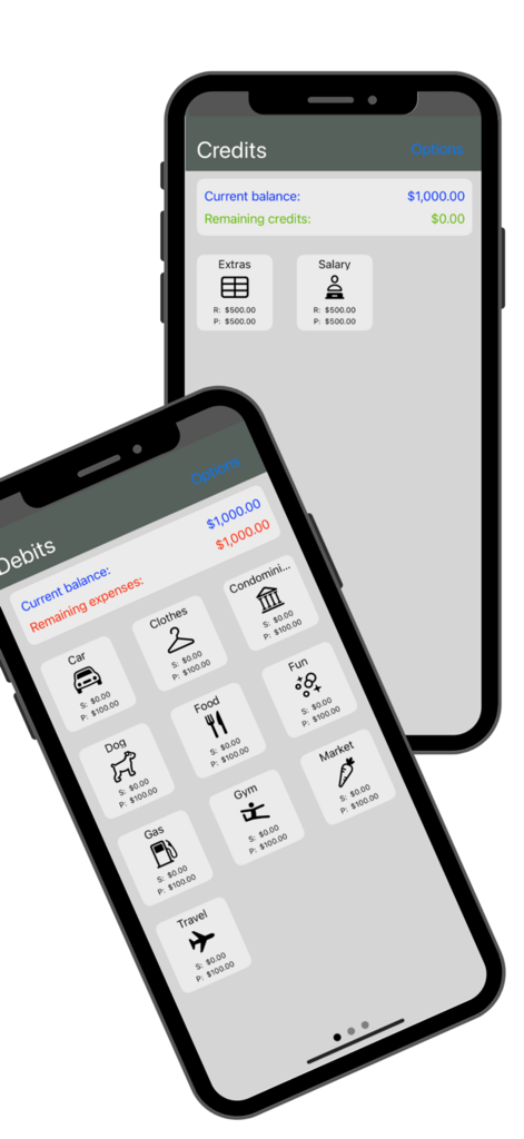 Can I Spend? - Two iPhones displaying the credits and debits screens of the Can I Spend budget tracking app
