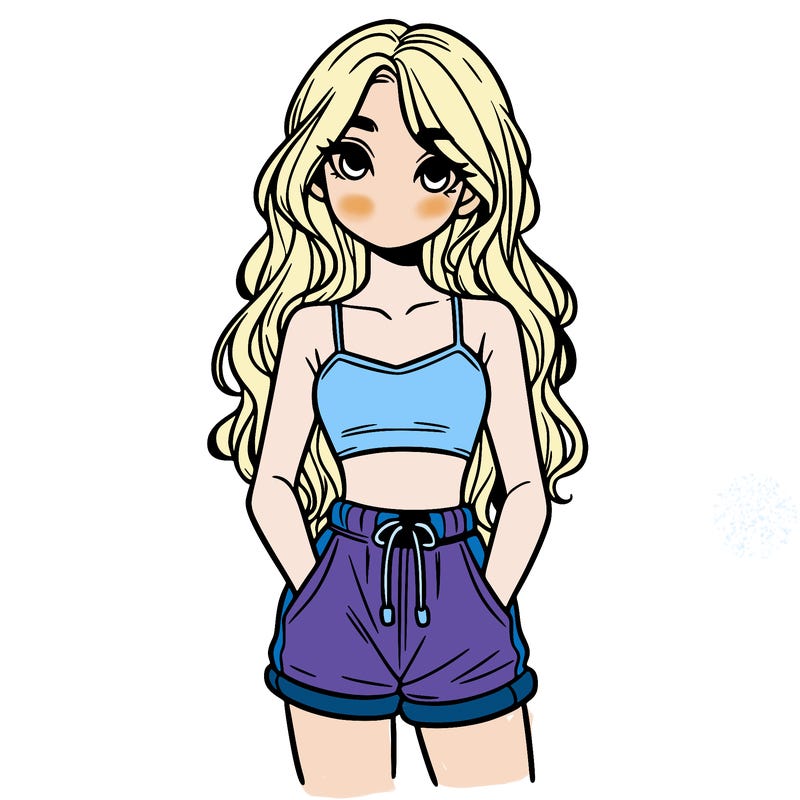 1 girl in a crop top baggy shorts and long hair