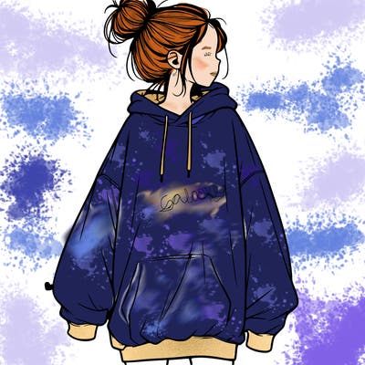 realistic girl with a oversized sweatshirt on and a bun
