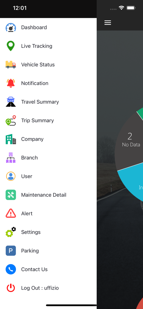 Side navigation menu of the Startup VTS vehicle tracking app showing features like live tracking and vehicle status