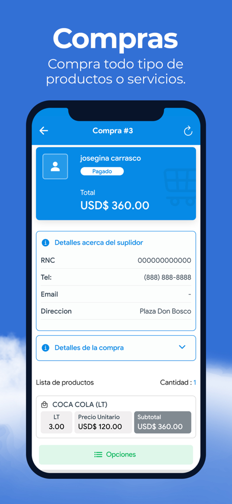 Interfaz de la aplicación Préstamos CLOUD que muestra una vista detallada de una compra pagada que incluye información del proveedor y lista de productos