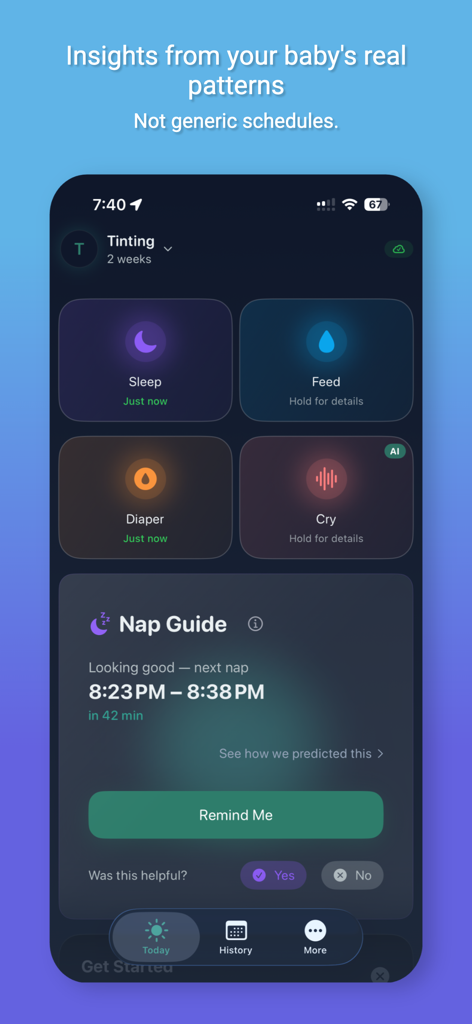Nestling: Baby Tracker & Log - Nestling baby tracker dashboard with AI nap guide and activity logging in dark mode