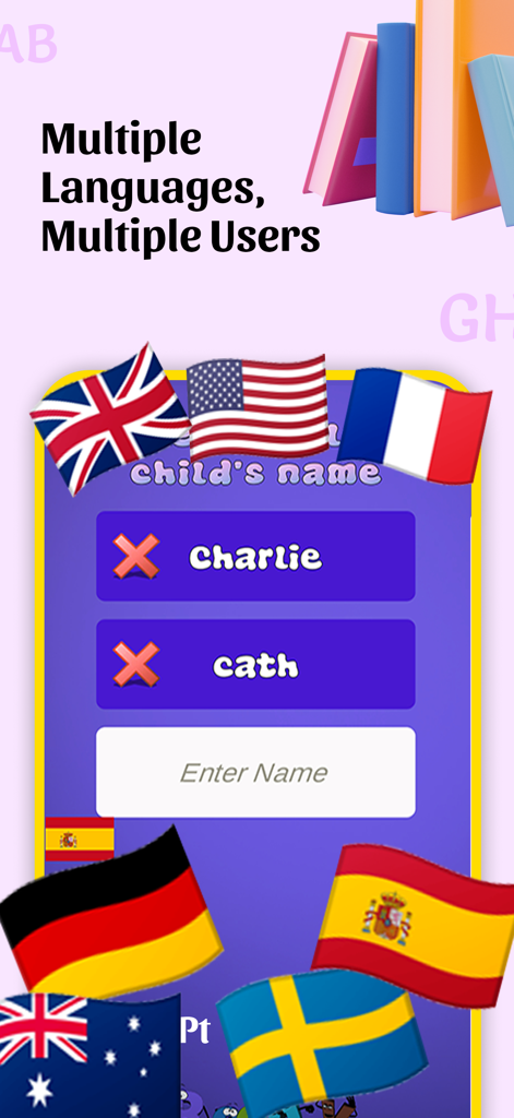 Spelling Homework Times Tables - Interface of the Spelling Homework app showing multi-user profiles and various national flags representing different language options
