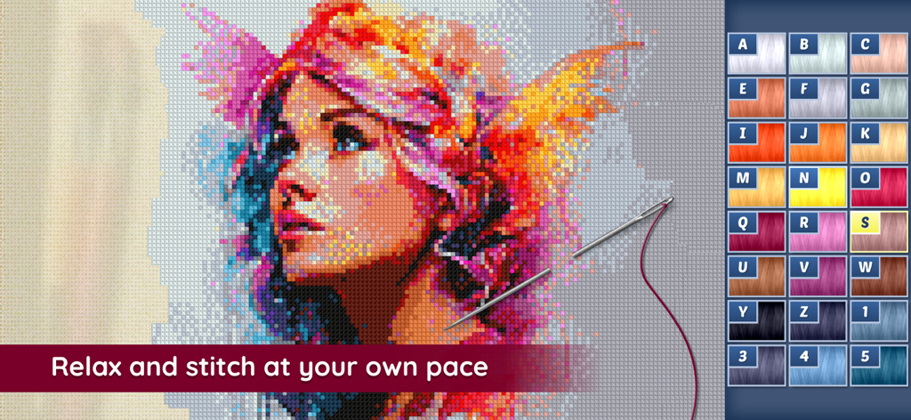Cross-Stitch World - Digital cross stitch portrait of a colorful woman with a needle and thread palette in Cross-Stitch World