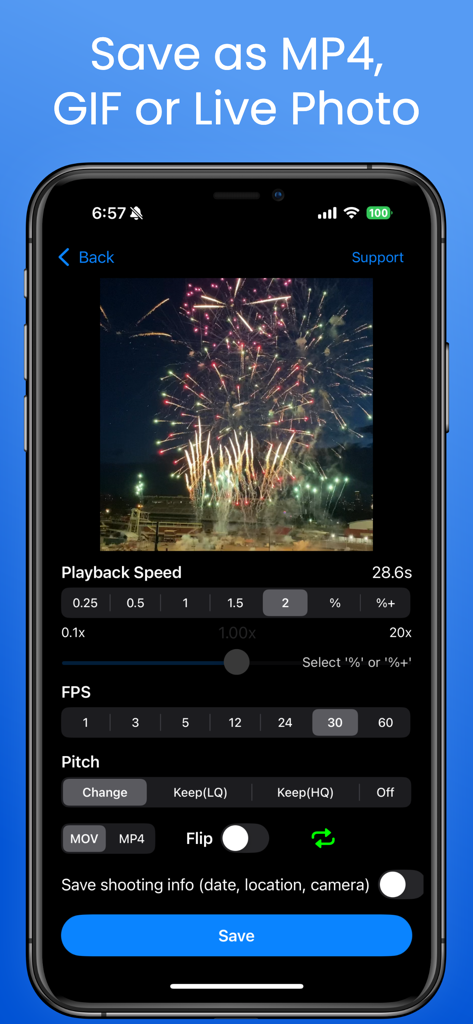 Easy Video Speed Editor app interface showing options to save video as MP4 GIF or Live Photo