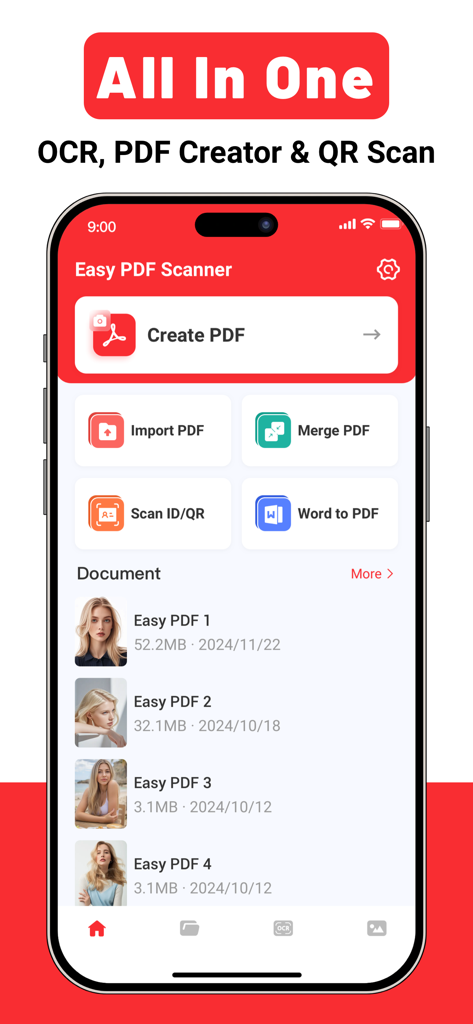 Easy PDF Scanner - Scan&Read - Easy PDF Scanner app interface showing all-in-one tools for OCR, PDF creation, and QR scanning