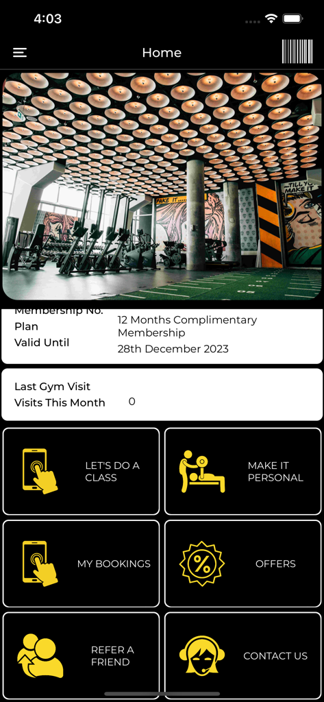 Pantalla de inicio de la app móvil Warehouse Gym mostrando estado de membresía y opciones de reserva de entrenamiento