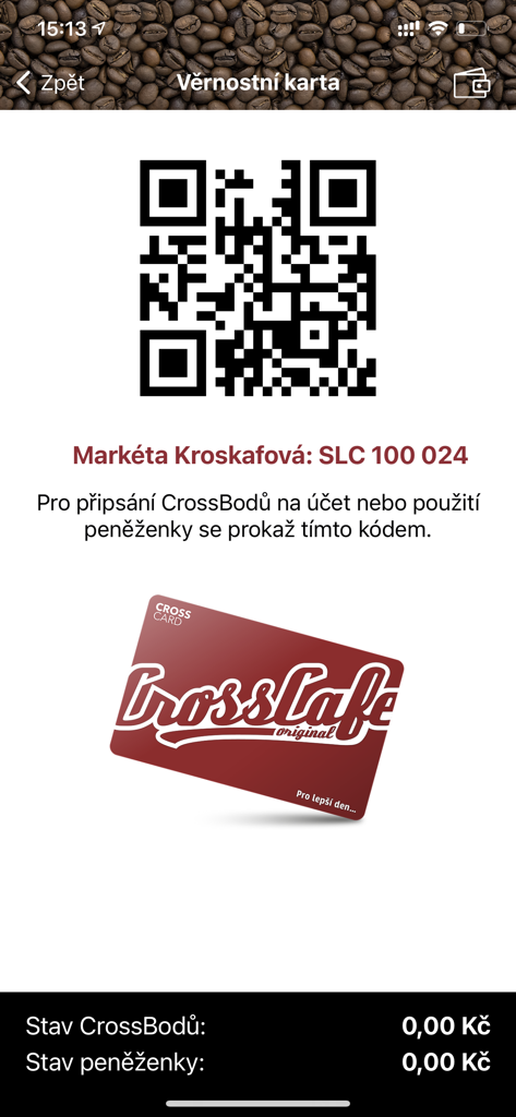 CrossCard - CrossCard Mobile App-Bildschirm mit einer digitalen Kundenkarte mit einem QR-Code und Kontoständen