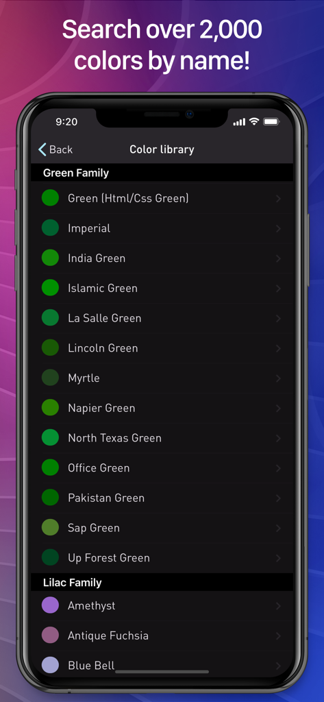 Color Name AR 앱의 스크린샷으로, 녹색 및 라일락과 같은 색상 계열별로 구성된 검색 가능한 색상 이름 라이브러리를 보여줍니다.